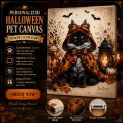 Personalized Halloween Cat Portrait Canvas – Floral Ghost Hood Cat with Bow, Lantern & Pumpkins DL70