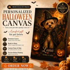 Custom Halloween Pet Portrait – Personalized Witch Dog or Cat Canvas Art TL006